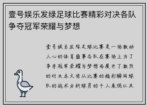 壹号娱乐发绿足球比赛精彩对决各队争夺冠军荣耀与梦想