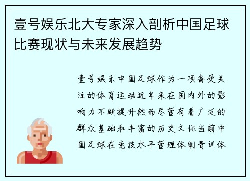 壹号娱乐北大专家深入剖析中国足球比赛现状与未来发展趋势