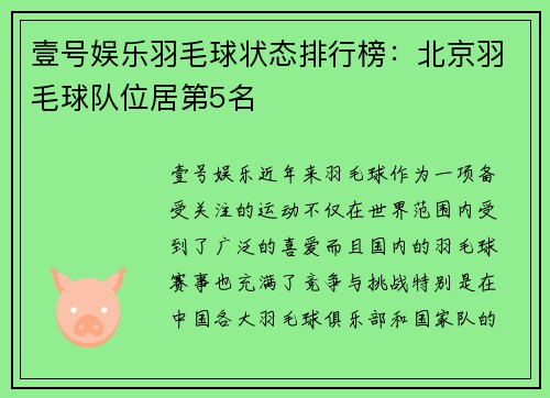 壹号娱乐羽毛球状态排行榜：北京羽毛球队位居第5名
