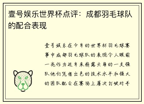 壹号娱乐世界杯点评：成都羽毛球队的配合表现